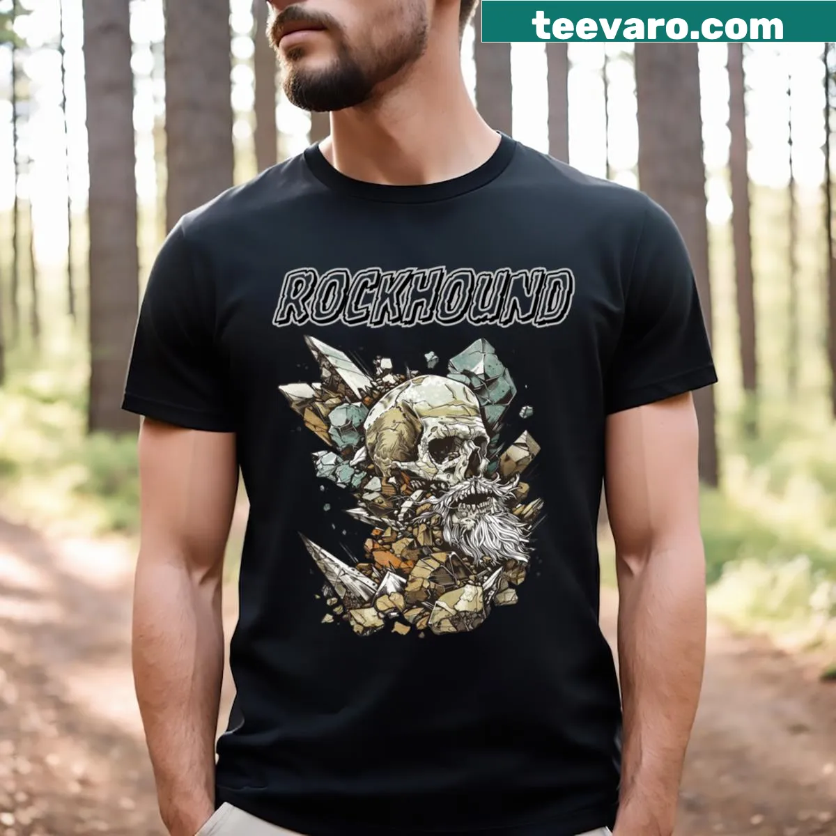 Funny T-shirt featuring a skeleton rockhound illustration — on a men's t-shirt