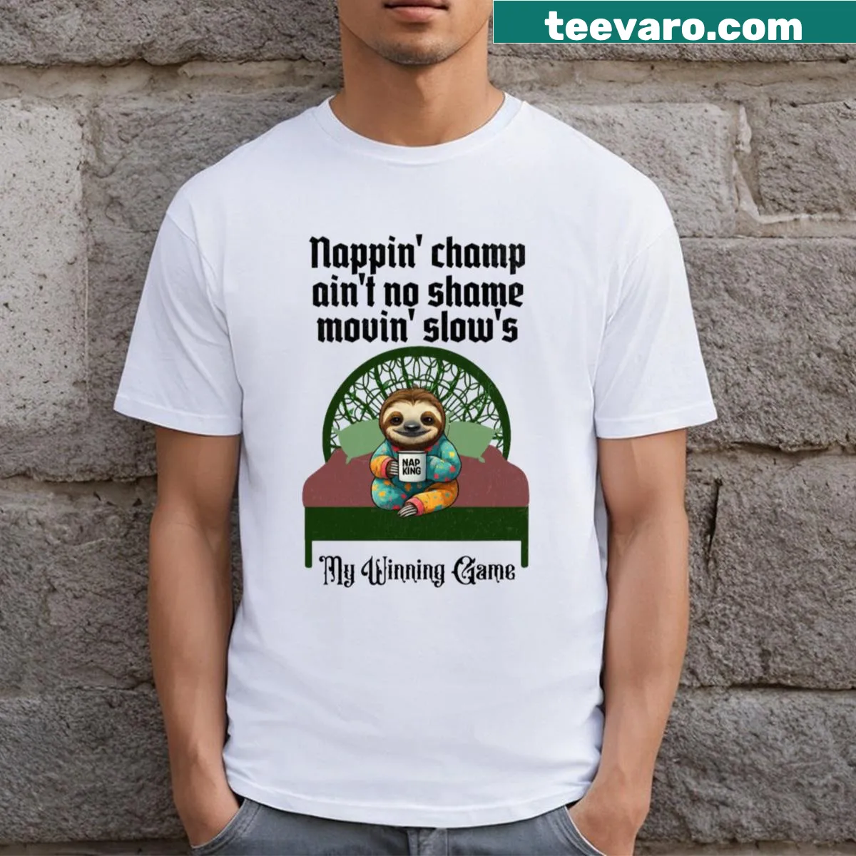 Cute graphic tee with a funny sloth design — on a men's t-shirt