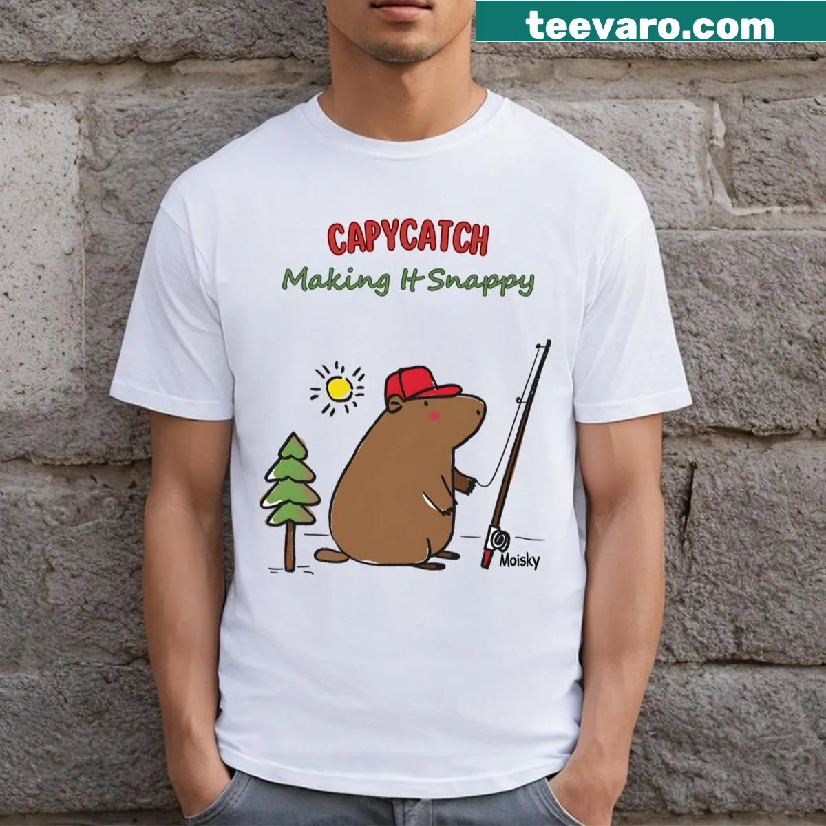 Cartoon T-shirt featuring a capybara fishing humor — on a men's t-shirt
