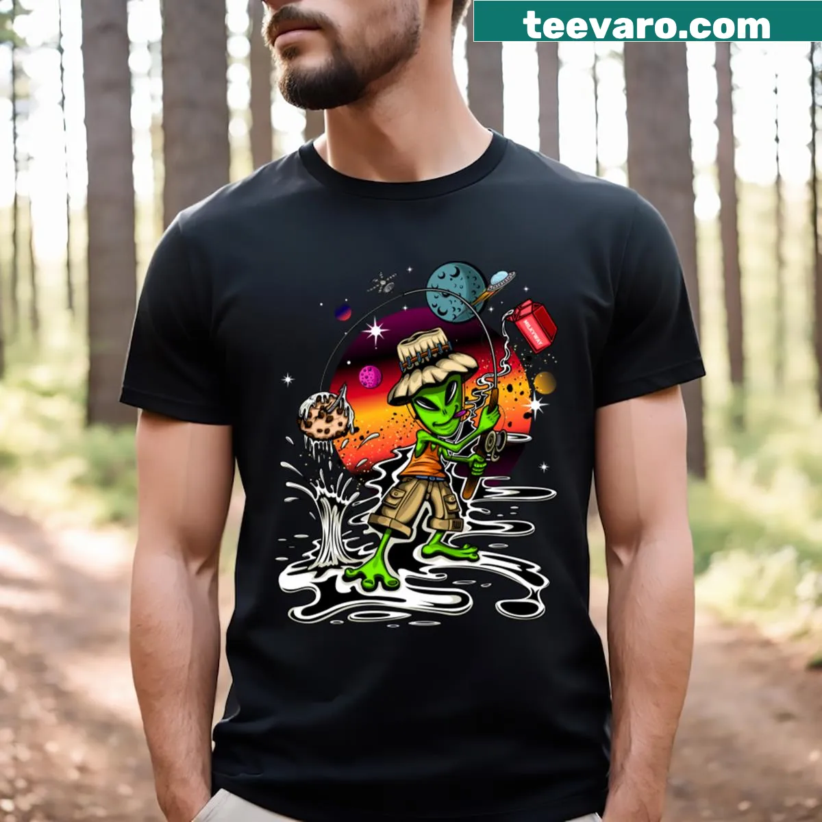 Whimsical illustration of a fisherman in space on a T-shirt — on a men's t-shirt