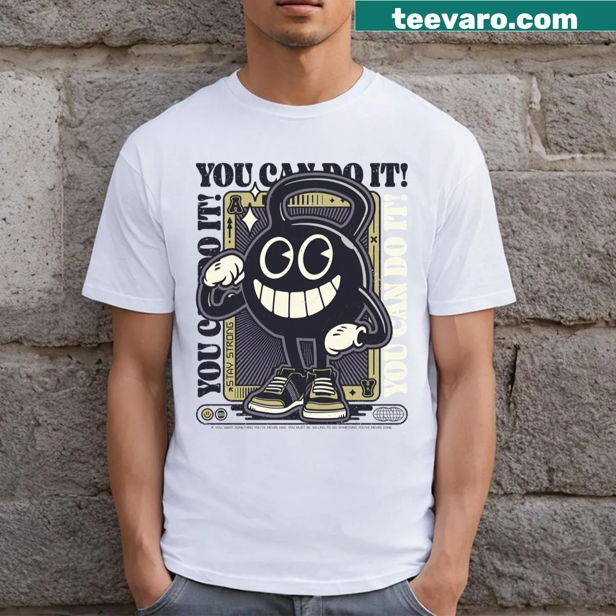 Motivational cartoon graphics on Stay Strong T-shirt for fitness enthusiasts. — on a men's t-shirt