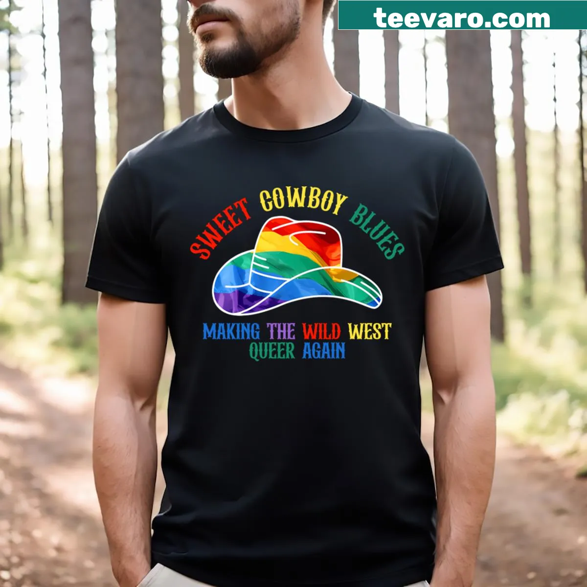 Making The Wild West Queer Again t-shirt with cowboy graphics — on a men's t-shirt