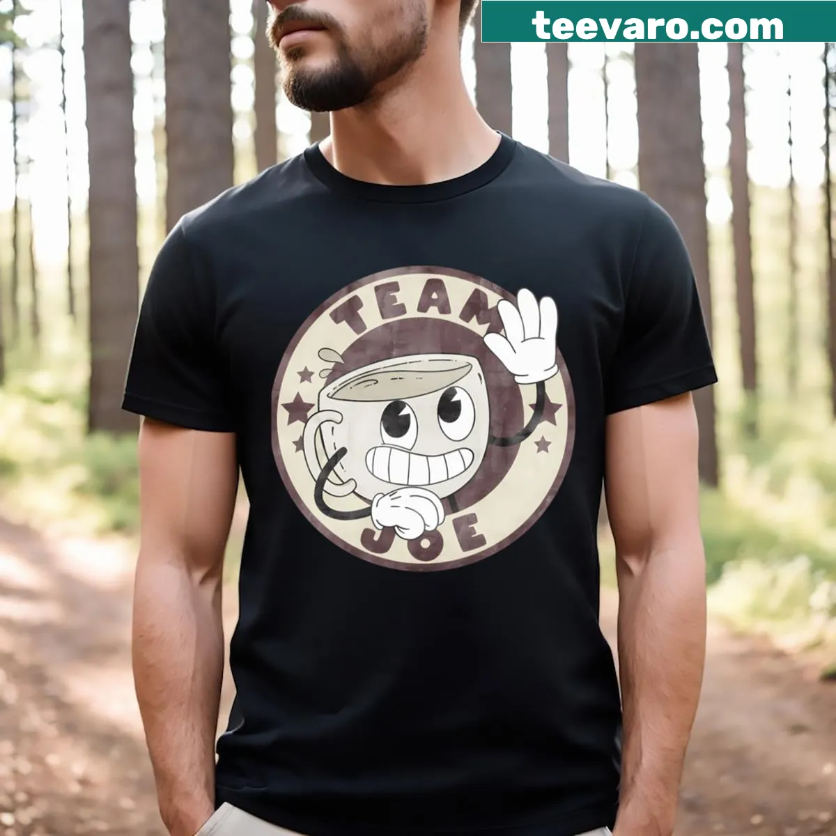Cartoon badge T-shirt featuring 'Team Joe' coffee design — on a men's t-shirt