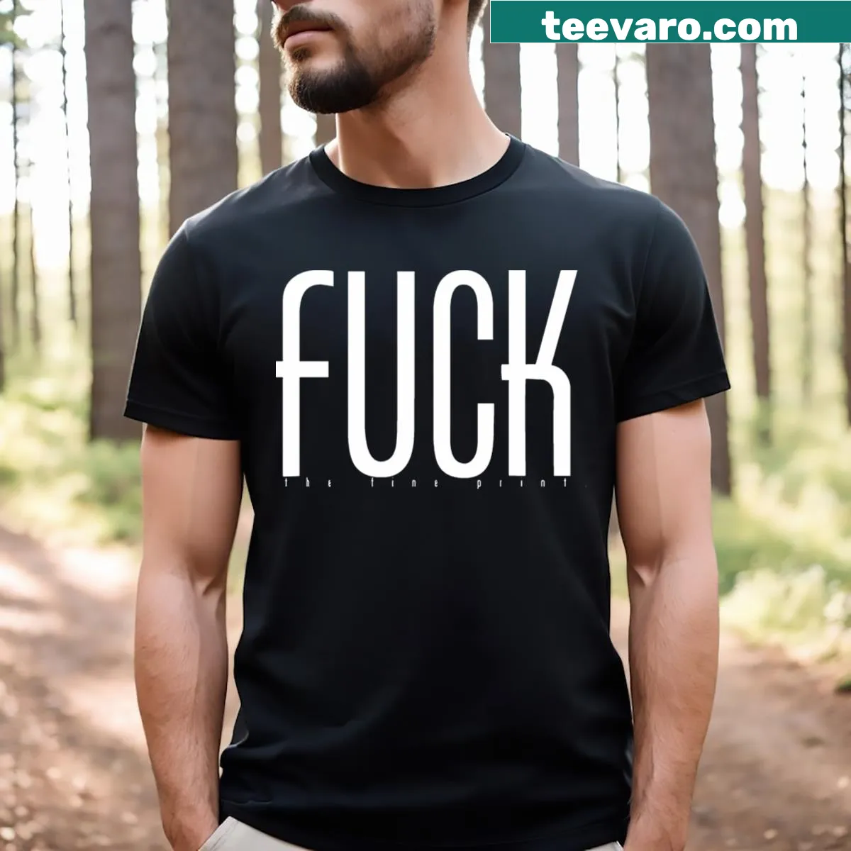 Minimalist typographic design featuring 'The Fine Print' — on a men's t-shirt