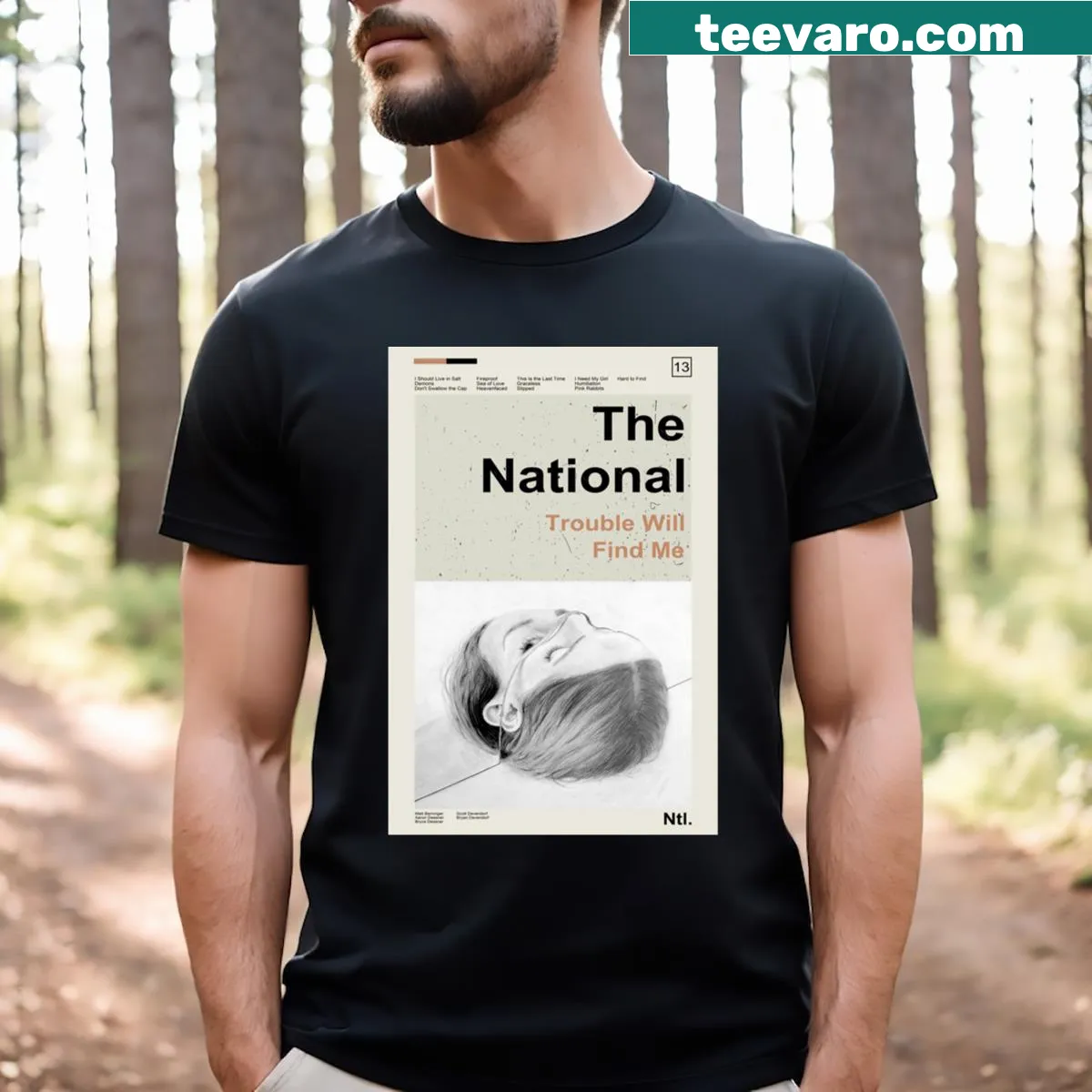 T-shirt with typography referencing The National's album Trouble Will Find Me — on a men's t-shirt