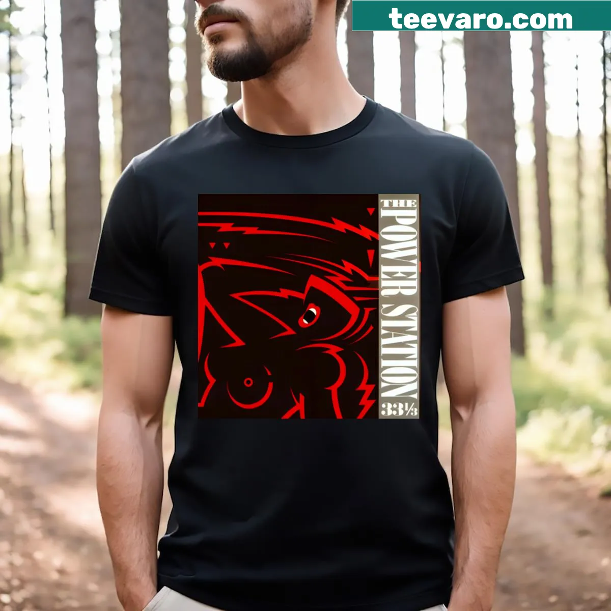 Bold graphic T-shirt featuring power station design — on a men's t-shirt