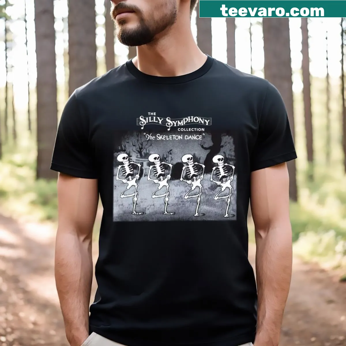 Illustrated T-shirt with dancing skeletons design — on a men's t-shirt