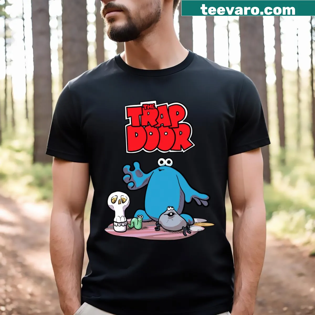 Cartoon graphic inspired by The Trap Door on a T-shirt — on a men's t-shirt