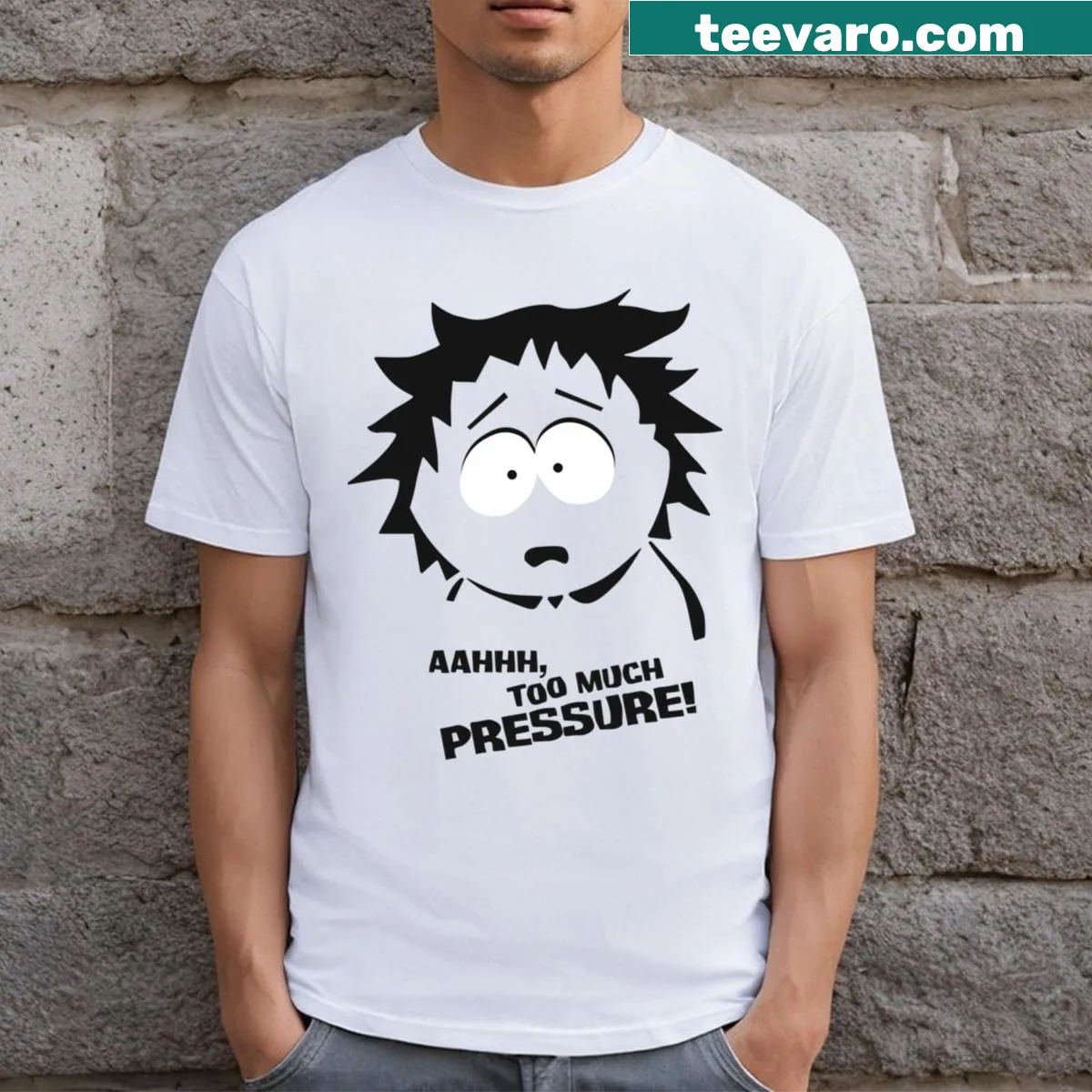 Sarcastic typography on a t-shirt saying Too Much Pressure! — on a men's t-shirt