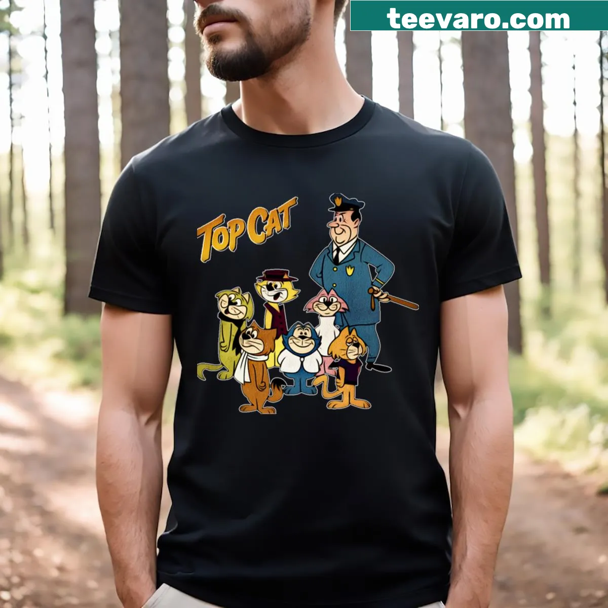 Vintage retro cartoon summer t-shirt featuring a playful cat — on a men's t-shirt