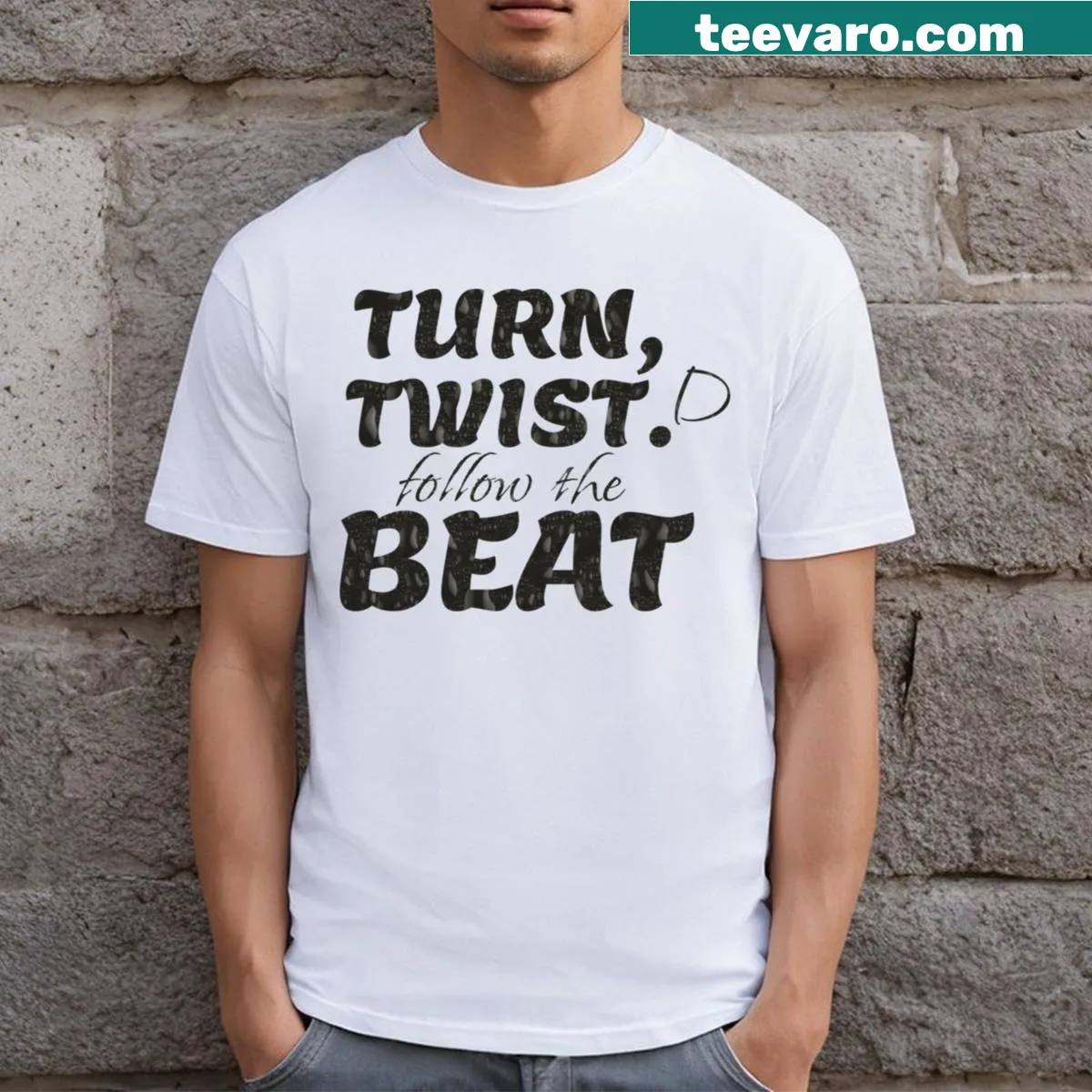 Playful music-themed illustration on Turn Twist Follow The Beat t-shirt — on a men's t-shirt