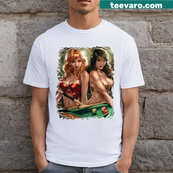 Cute billiard-themed illustration on Two Beautiful Playing Billiards t-shirt