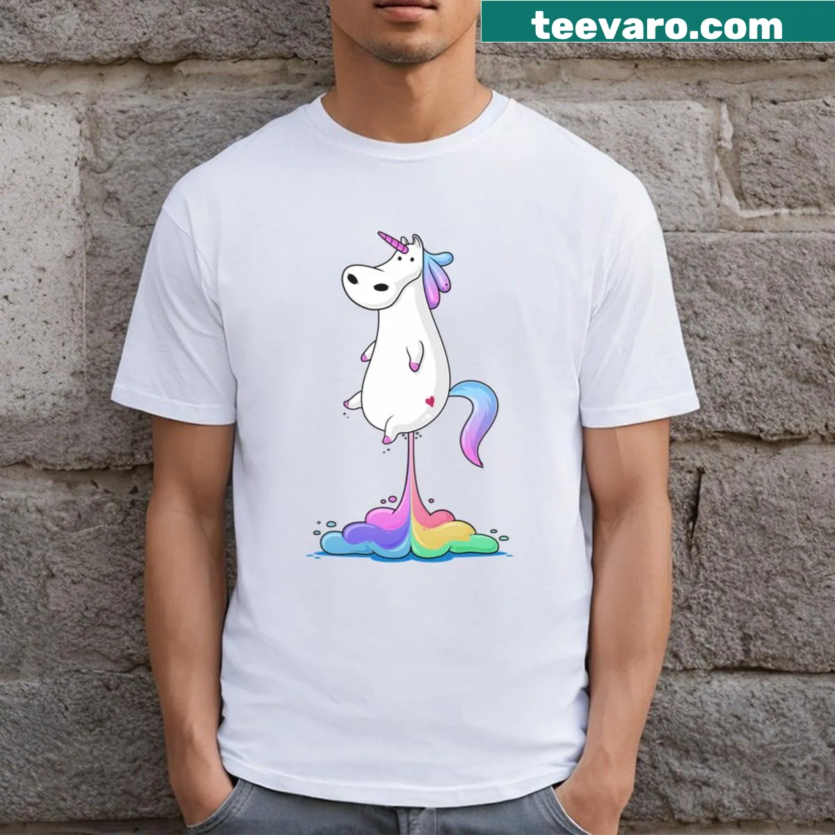 Humorous T-shirt featuring a unicorn fart graphic. — on a men's t-shirt