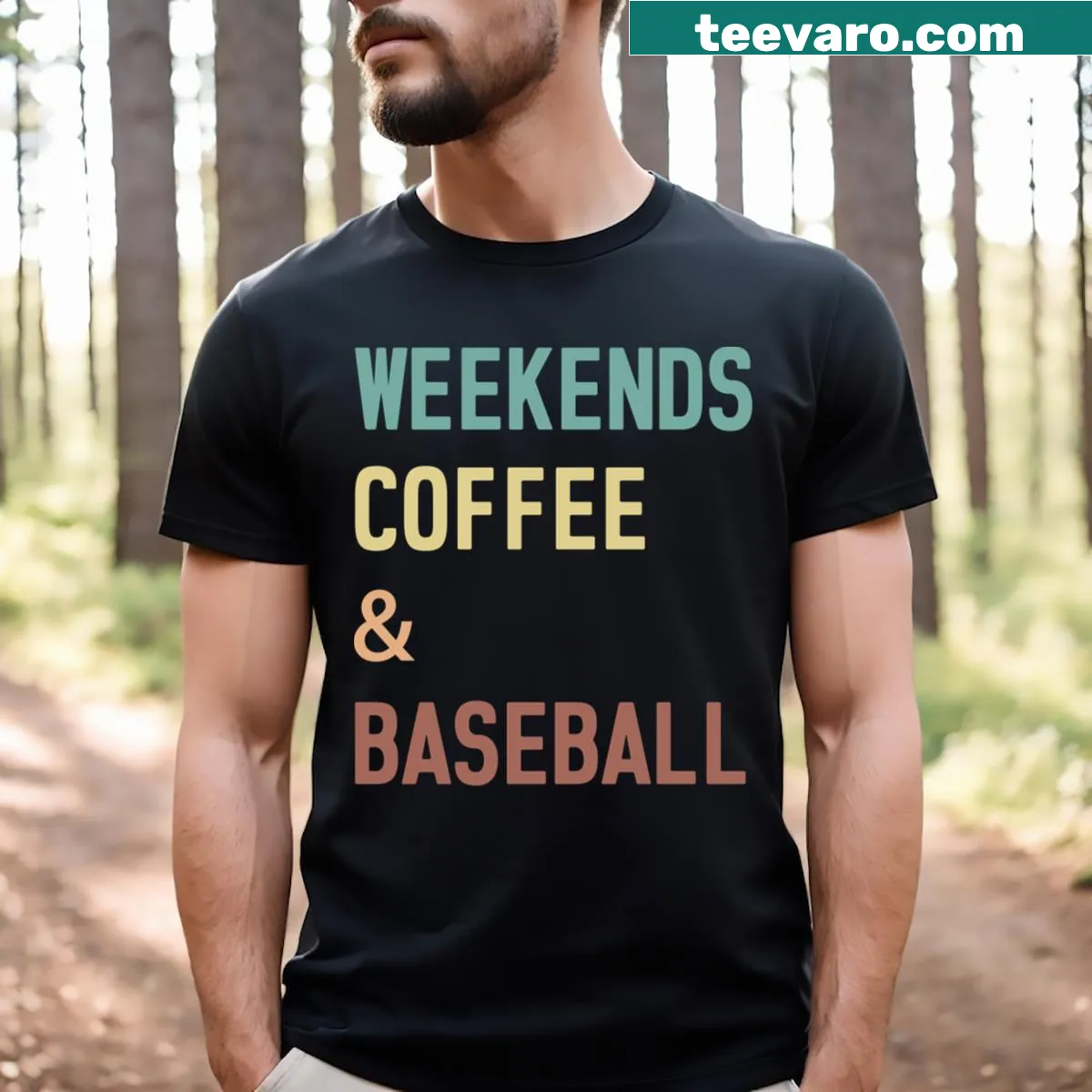T-shirt featuring coffee and baseball illustration for baseball moms — on a men's t-shirt