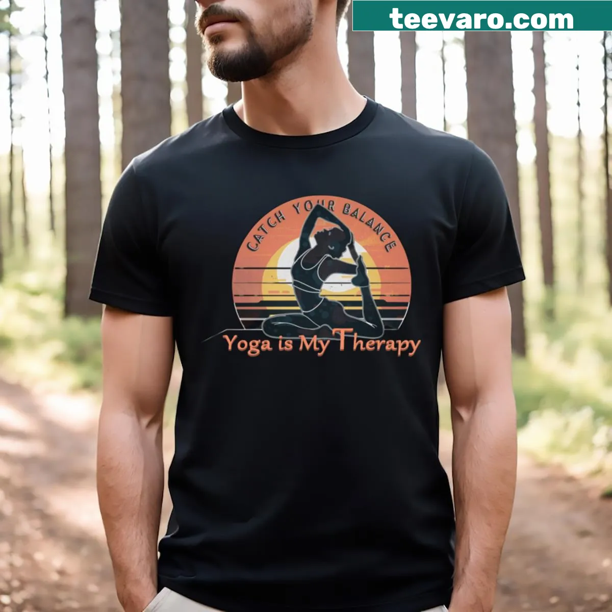 Inspirational yoga T-shirt for women with the phrase 'Yoga Is My Therapy' — on a men's t-shirt