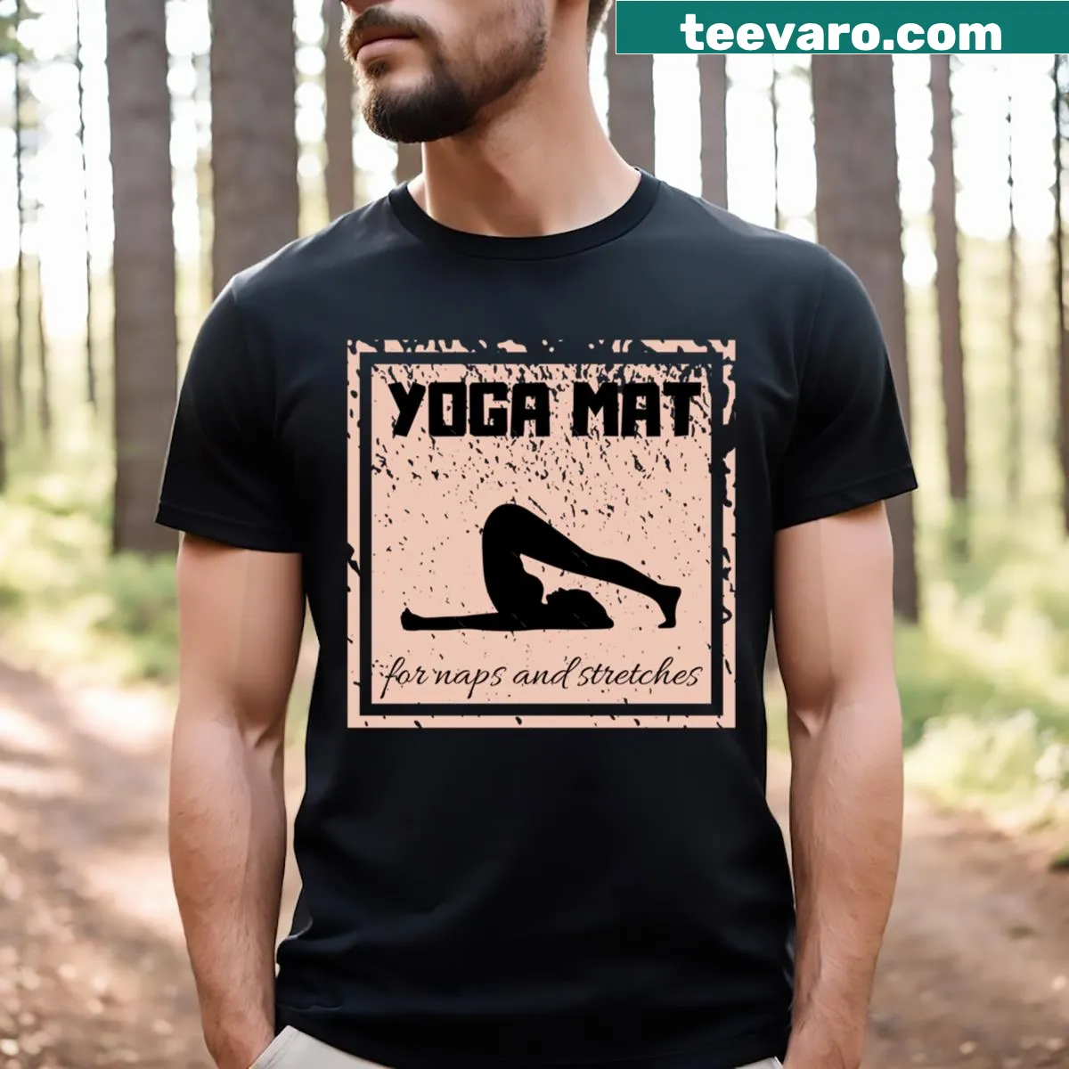 Playful yoga T-shirt with the phrase 'Yoga Mat For Naps And Stretches' — on a men's t-shirt
