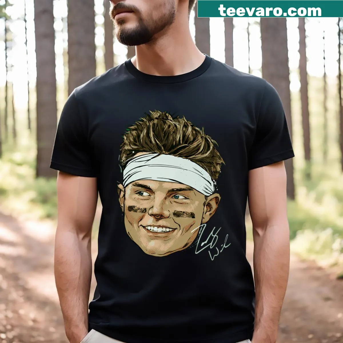 Portrait illustration of Zach Wilson on a New York themed t-shirt. — on a men's t-shirt