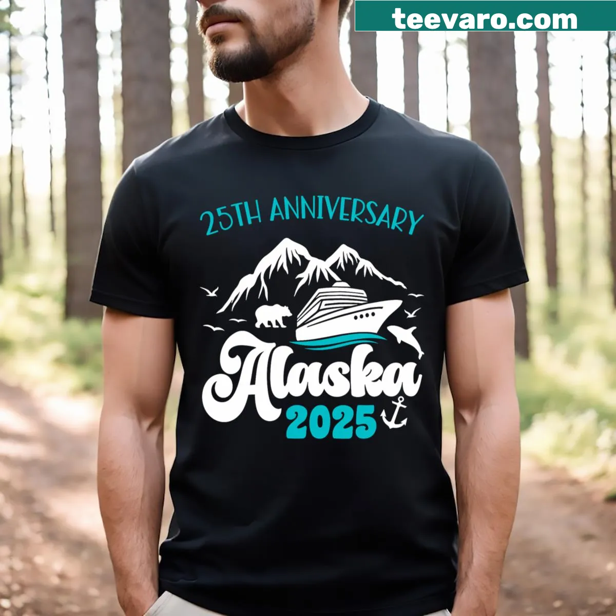 Illustrated T-shirt celebrating 25th anniversary with Alaska cruise theme — on a men's t-shirt