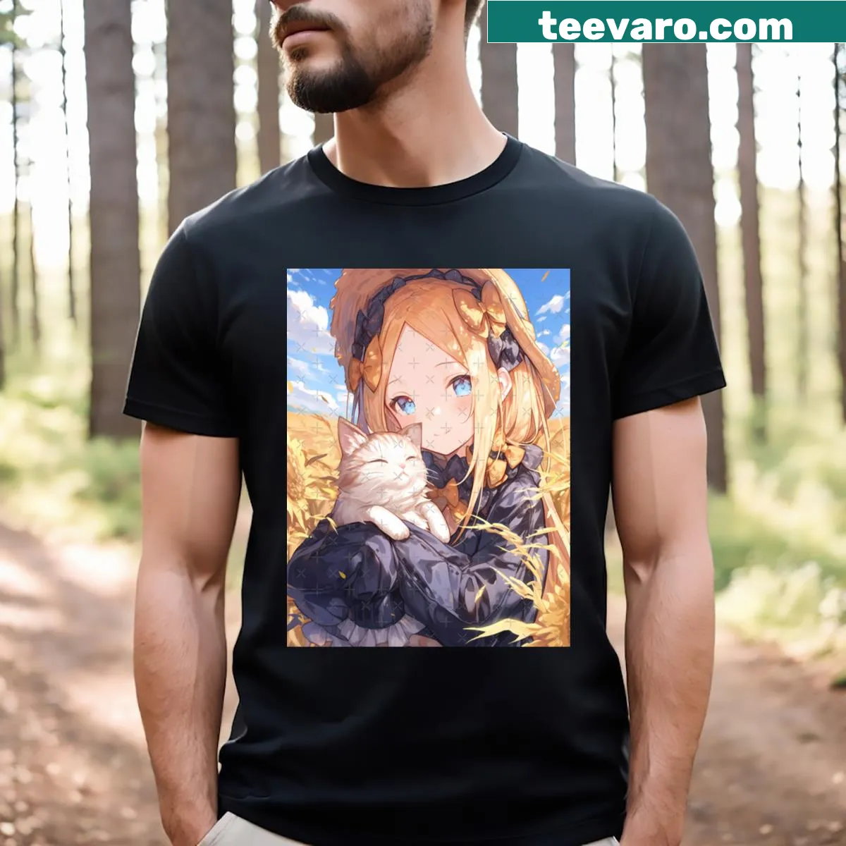 Illustrated T-shirt featuring Abigail Williams from Fate/Grand Order — on a men's t-shirt