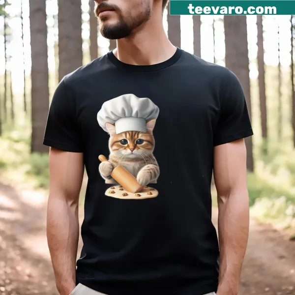 Cartoon T-shirt of a cat baker kneading dough with love