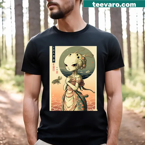 Illustration of an alien cosmic geisha on a T-shirt.