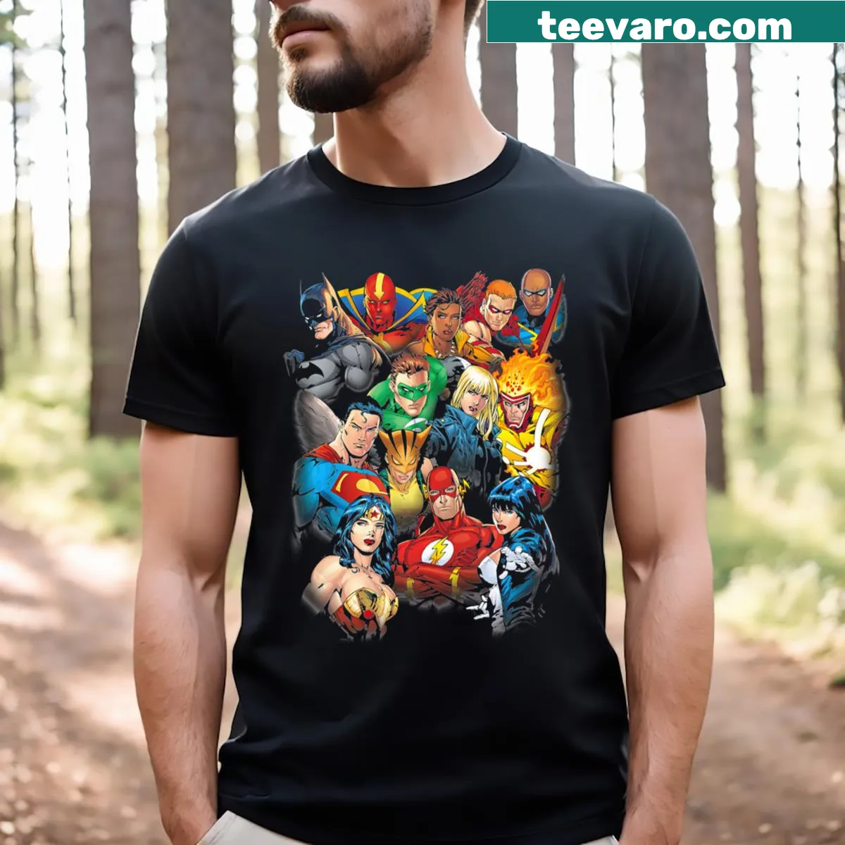 T-shirt featuring superhero film graphics — on a men's t-shirt