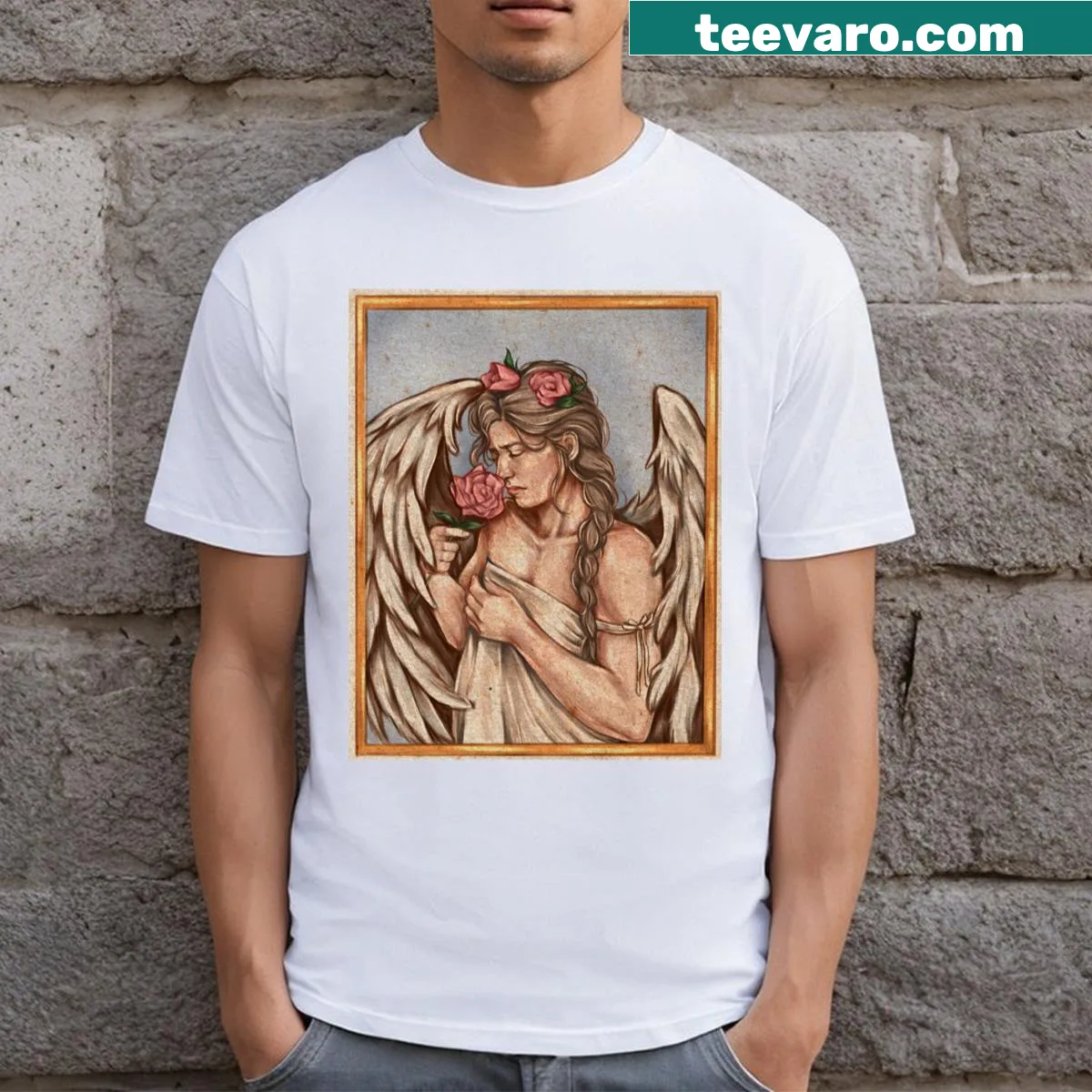 Whimsical illustration of Angel Baby Abby Anderson on a T-shirt — on a men's t-shirt