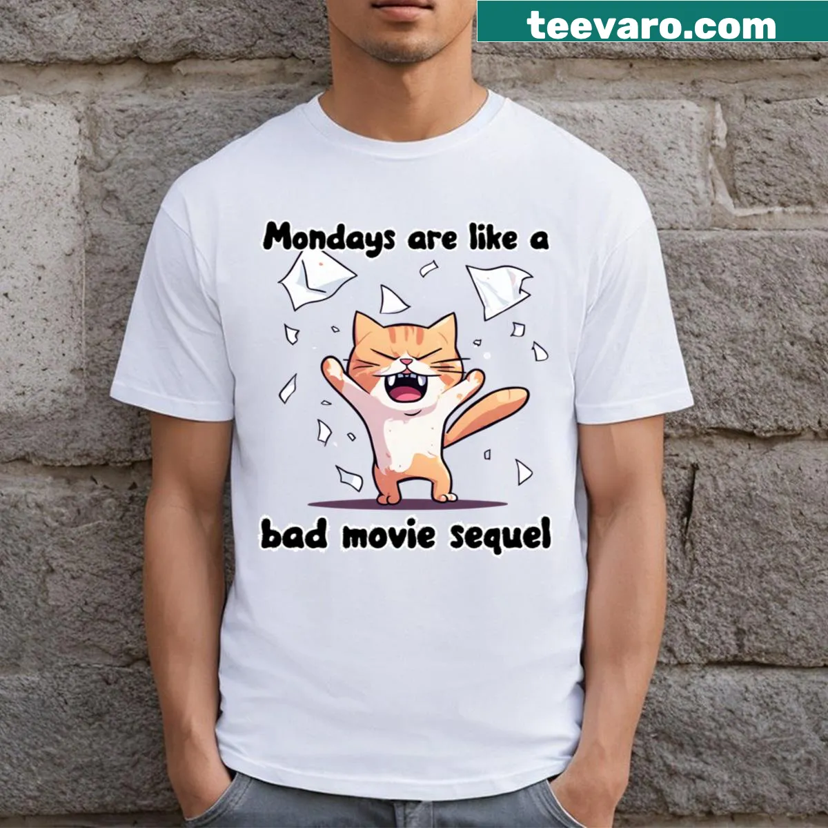 Angry cat graphic with 'I Hate Monday' text on T-shirt — on a men's t-shirt