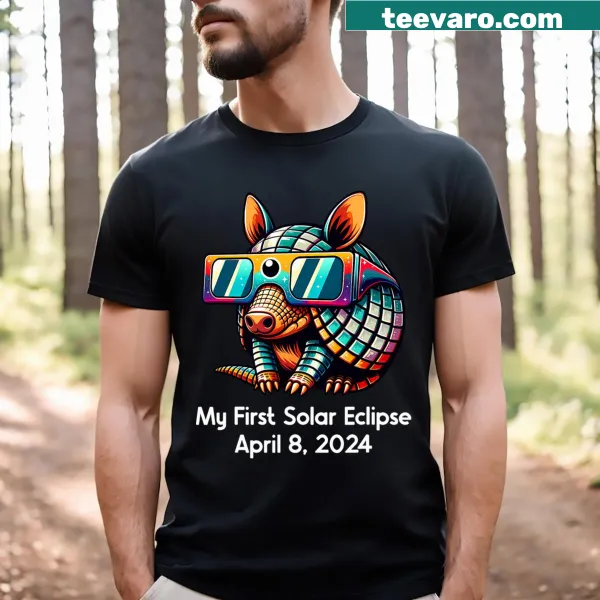 Funny T-shirt featuring armadillos and a solar eclipse design