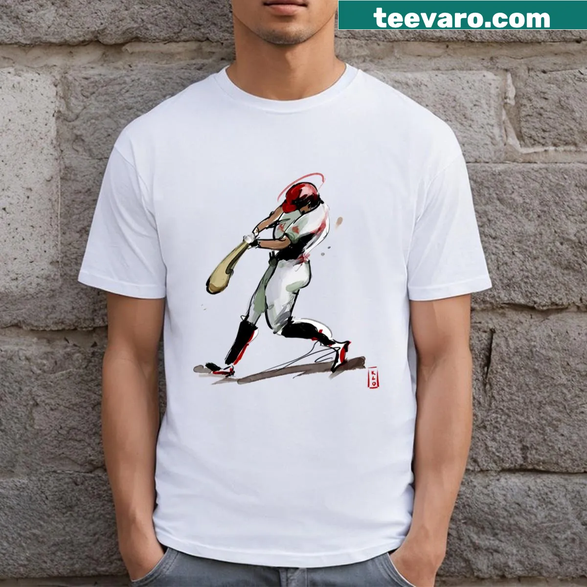 Artistic T-shirt featuring a graphic of a baseball batter — on a men's t-shirt