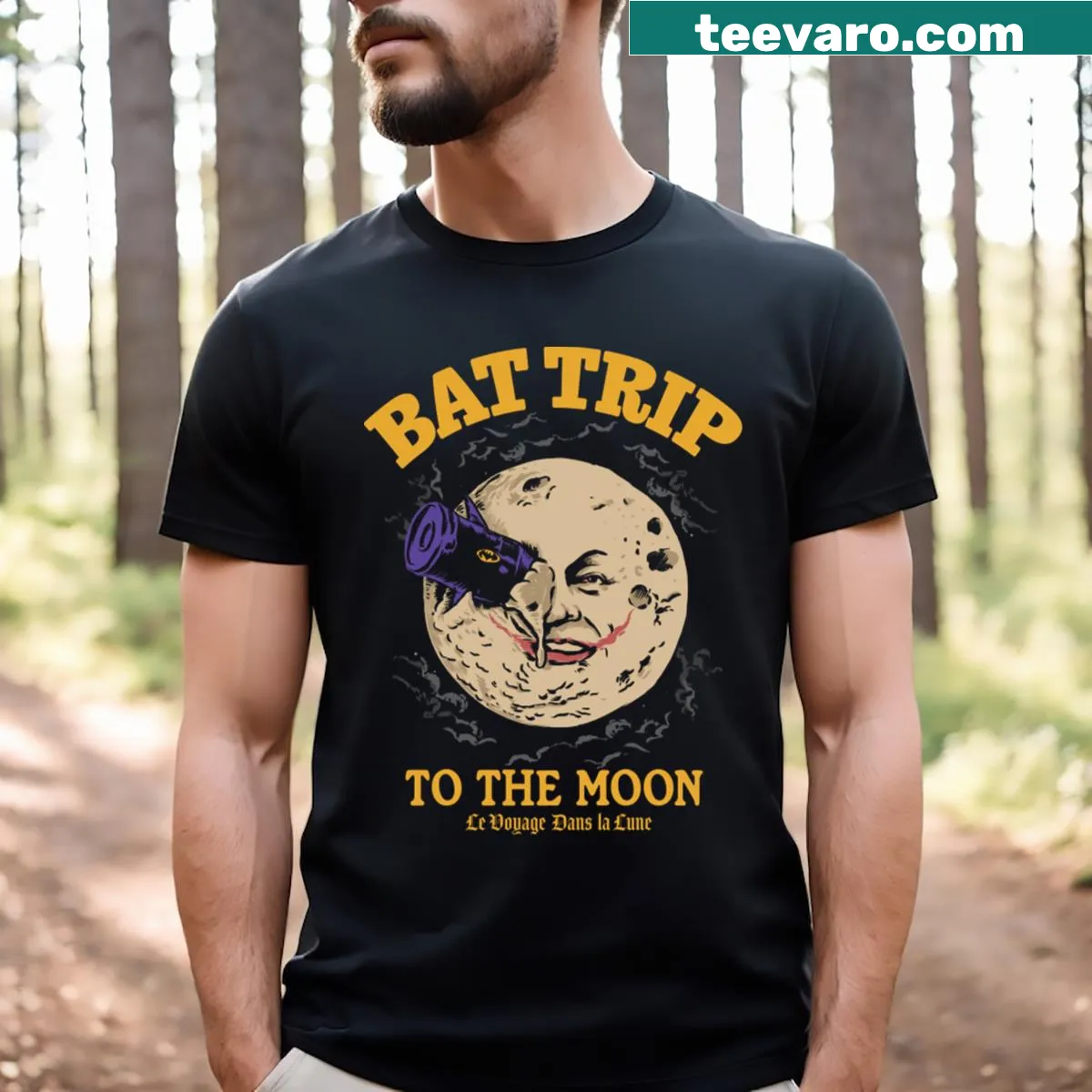 Playful illustration of a bat on a trip to the moon on a t-shirt. — on a men's t-shirt