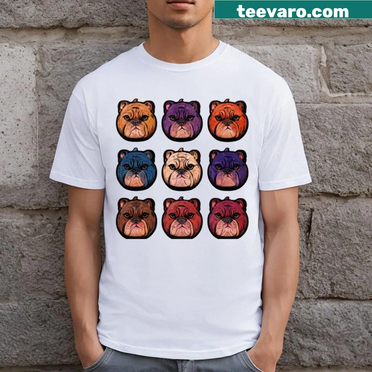 Bulldog seamless pattern design T-shirt — on a men's t-shirt