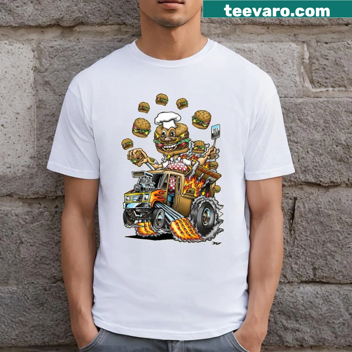 Whimsical burger wagon graphic T-shirt — on a men's t-shirt