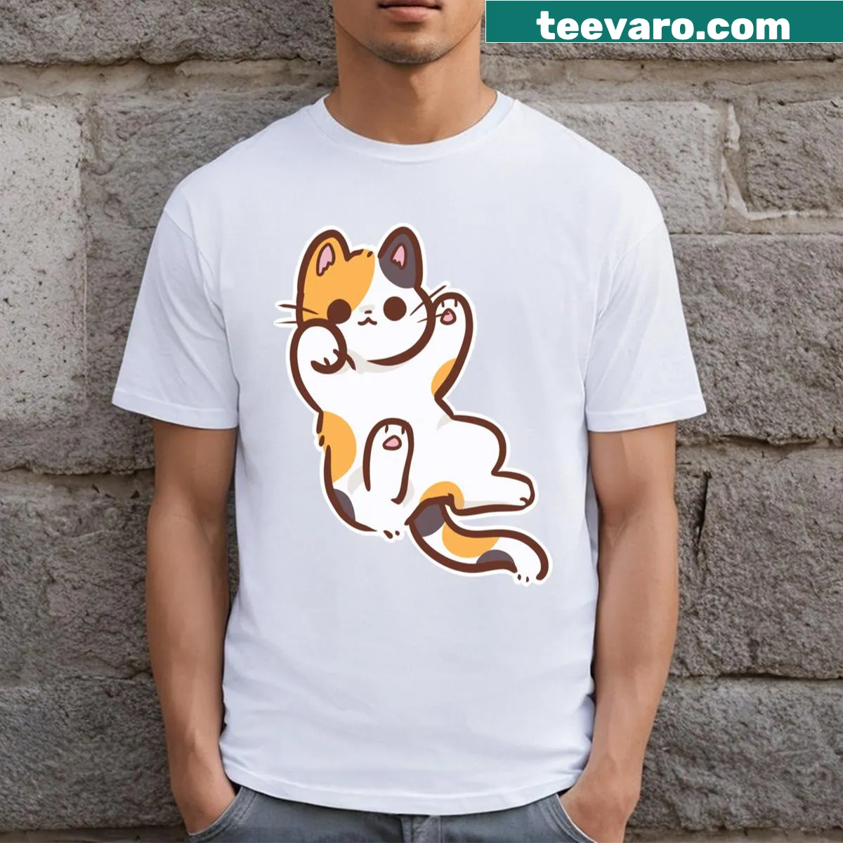 Illustration of a playful calico cat on a casual T-shirt — on a men's t-shirt