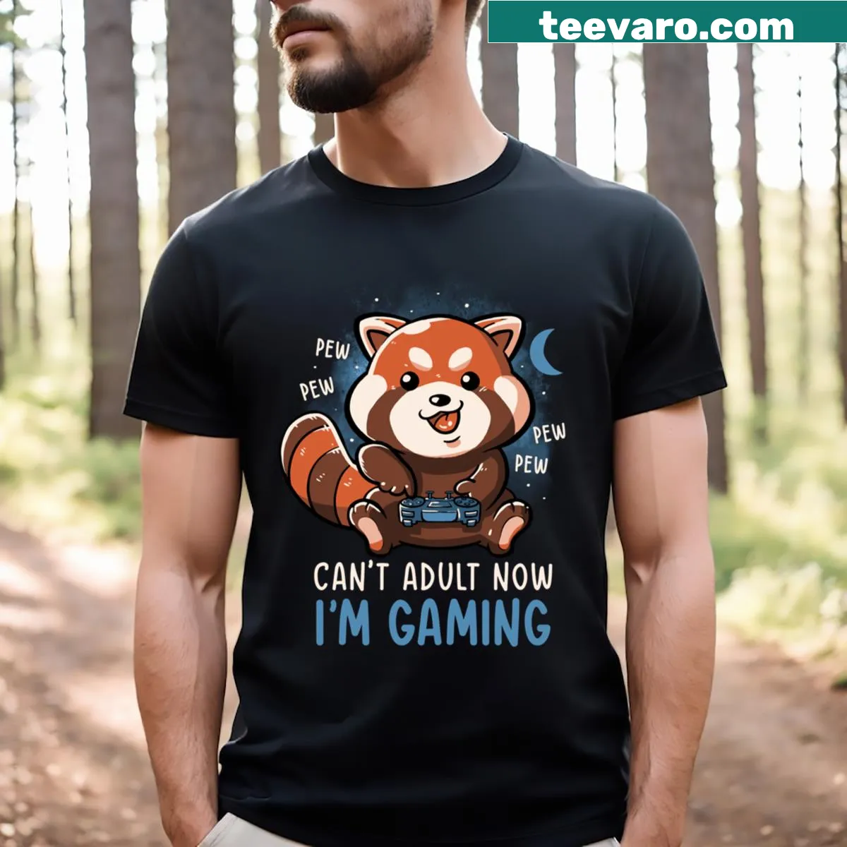 Cute panda graphic with gaming text on a casual T-shirt — on a men's t-shirt