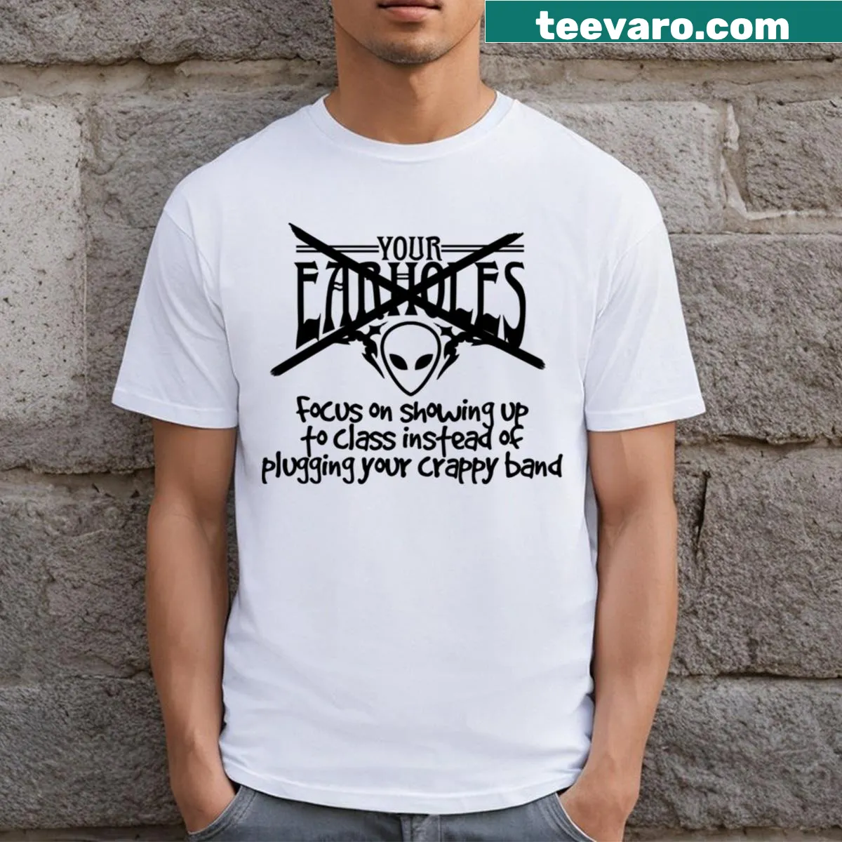 Distressed Crappy Band t-shirt with playful design — on a men's t-shirt