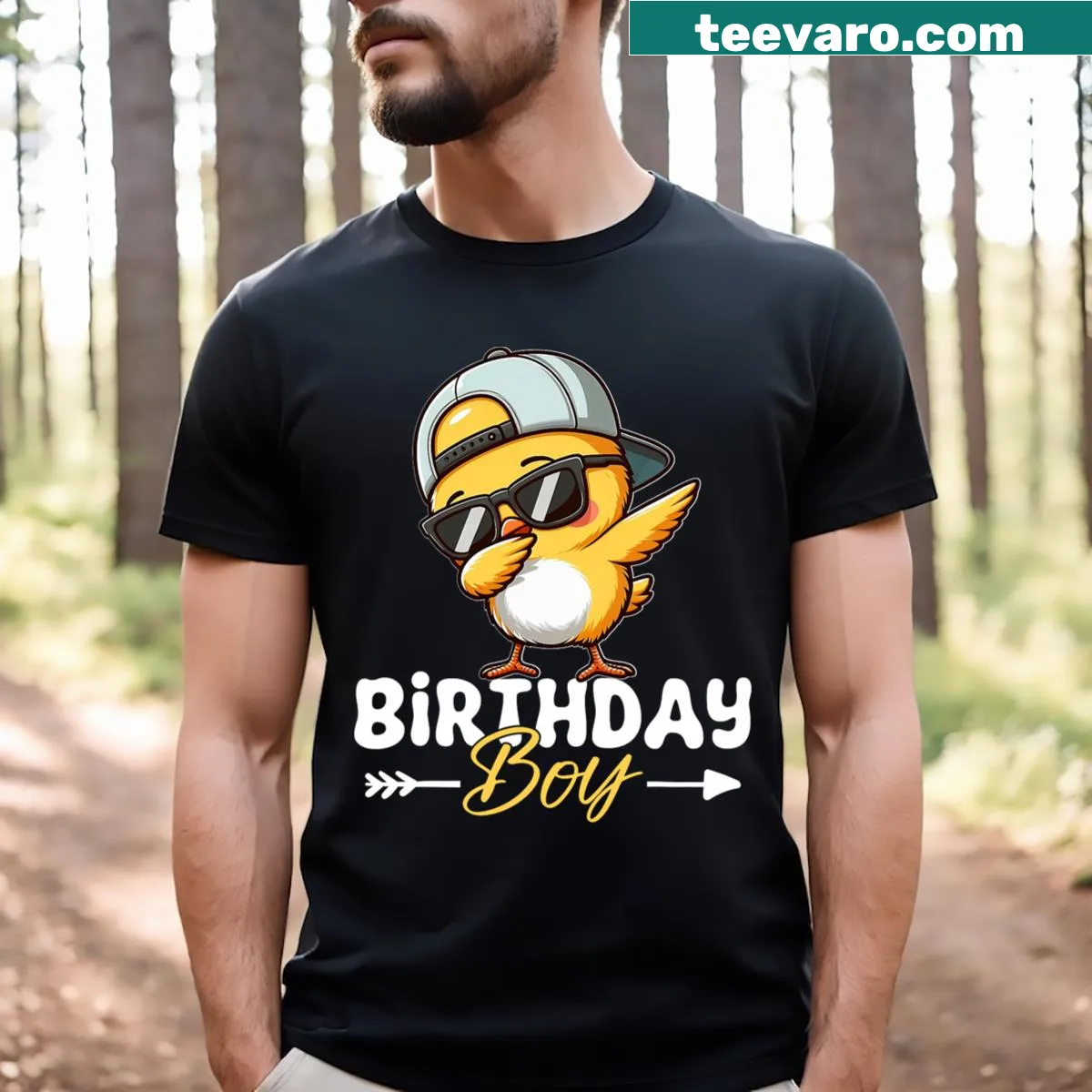 Birthday t-shirt featuring dabbing chicks illustration — on a men's t-shirt
