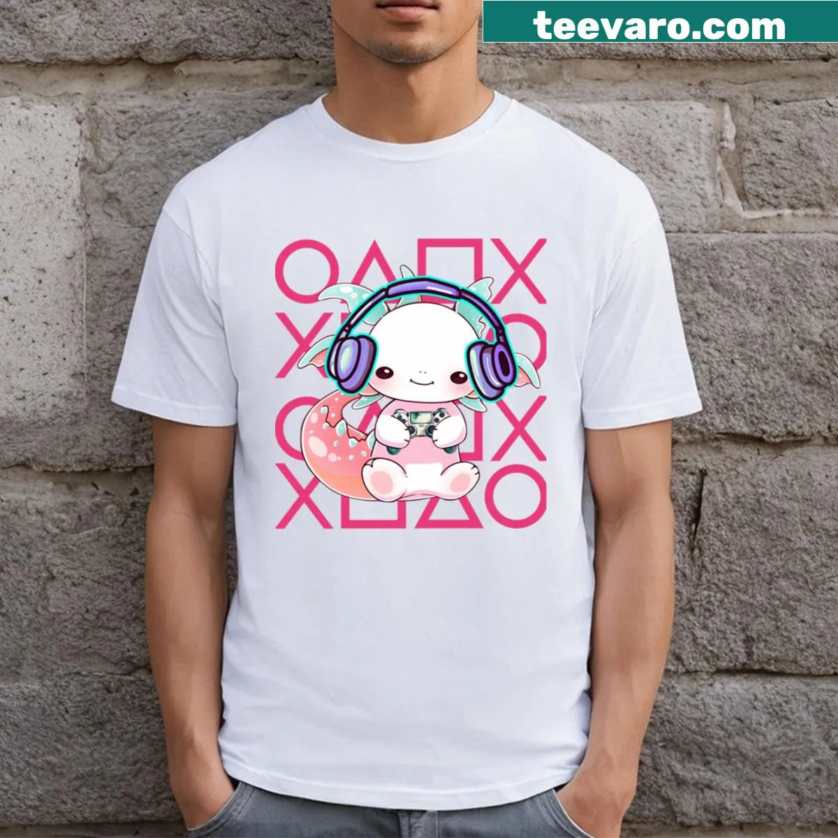 Cute T-shirt featuring a playful axolotl design — on a men's t-shirt