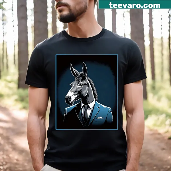 Illustration of a donkey in a suit, humorously styled for casual wear