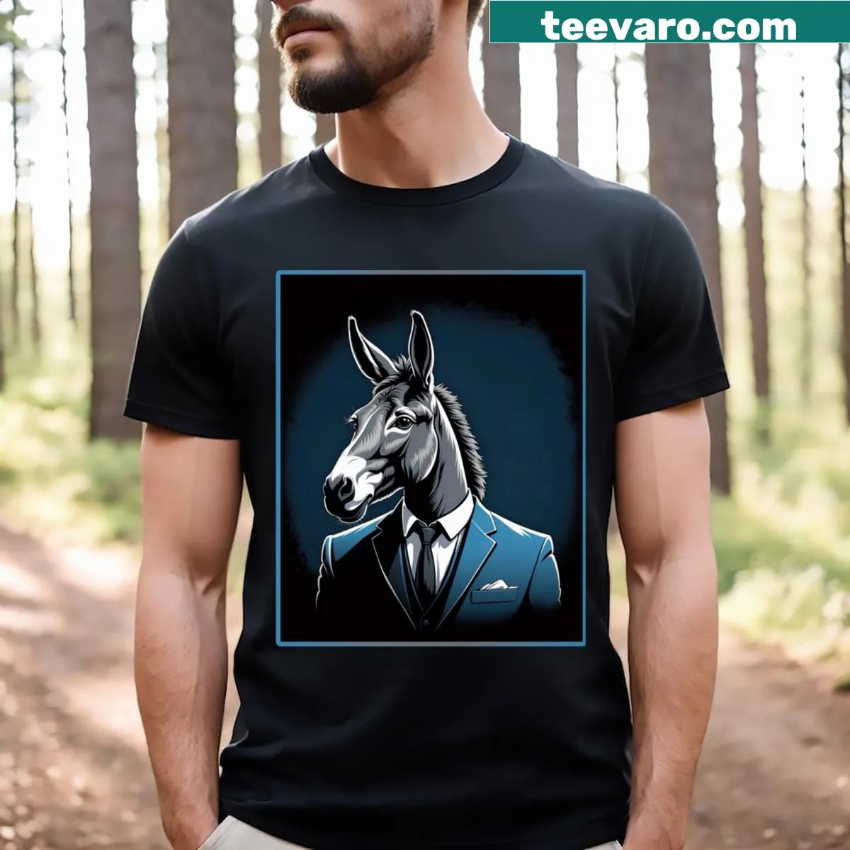 Illustration of a donkey in a suit, humorously styled for casual wear — on a men's t-shirt