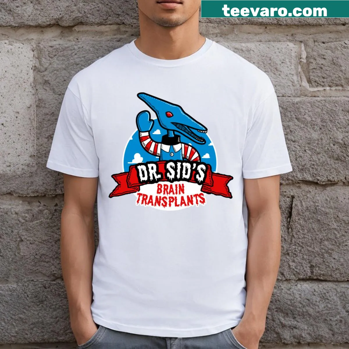 T-shirt with humorous brain transplant design — on a men's t-shirt