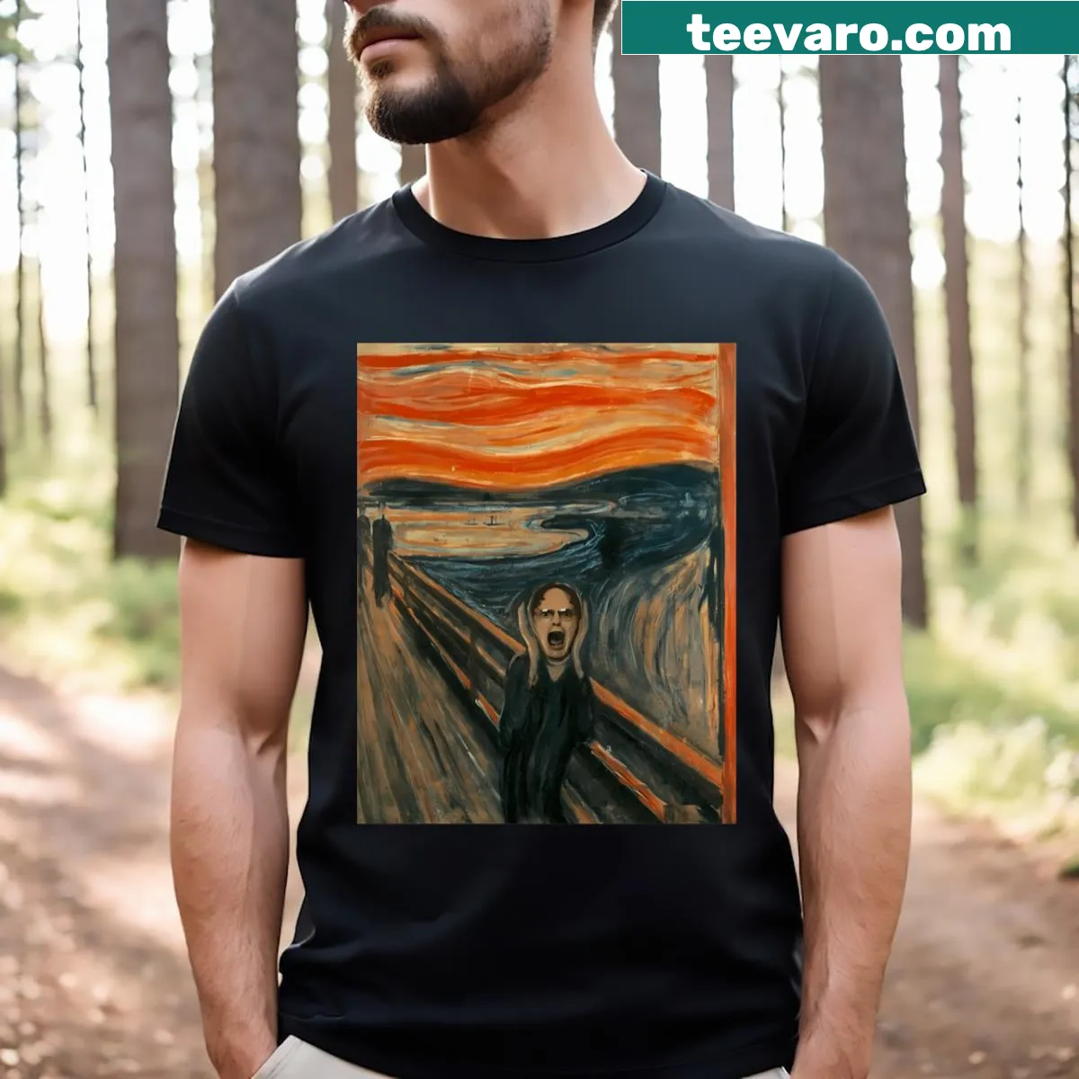 T-shirt featuring Dwight Schrute scream painting illustration — on a men's t-shirt