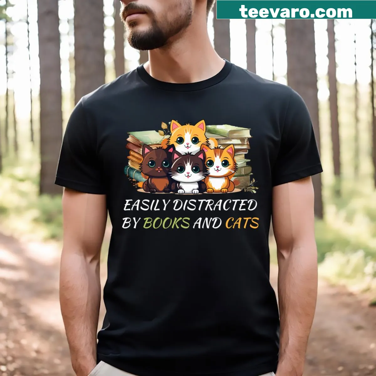 Playful T-shirt with text about books and cats — on a men's t-shirt