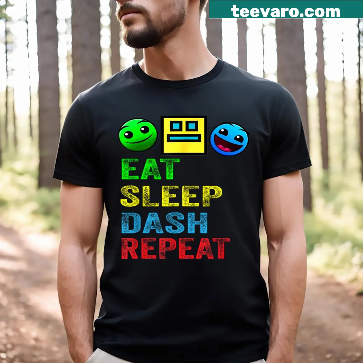 T-shirt with Eat Sleep Dash Repeat text design for gamers — on a men's t-shirt