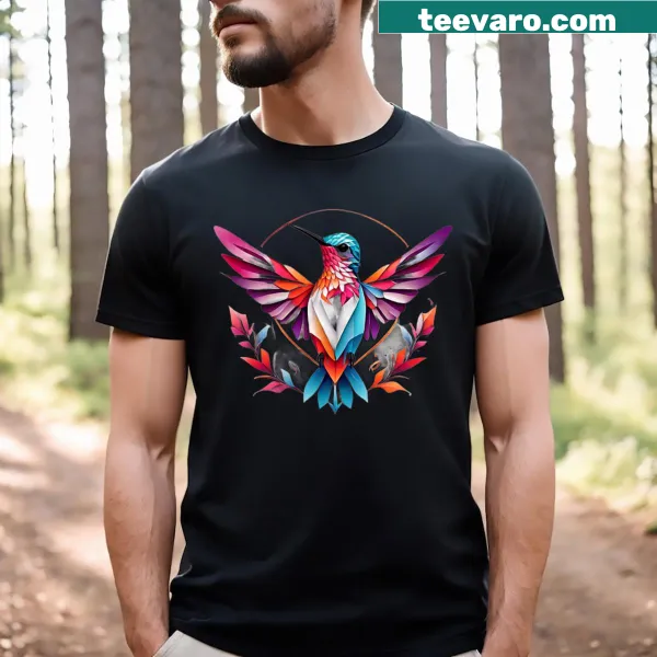 Watercolor illustration of a hummingbird on a T-shirt.
