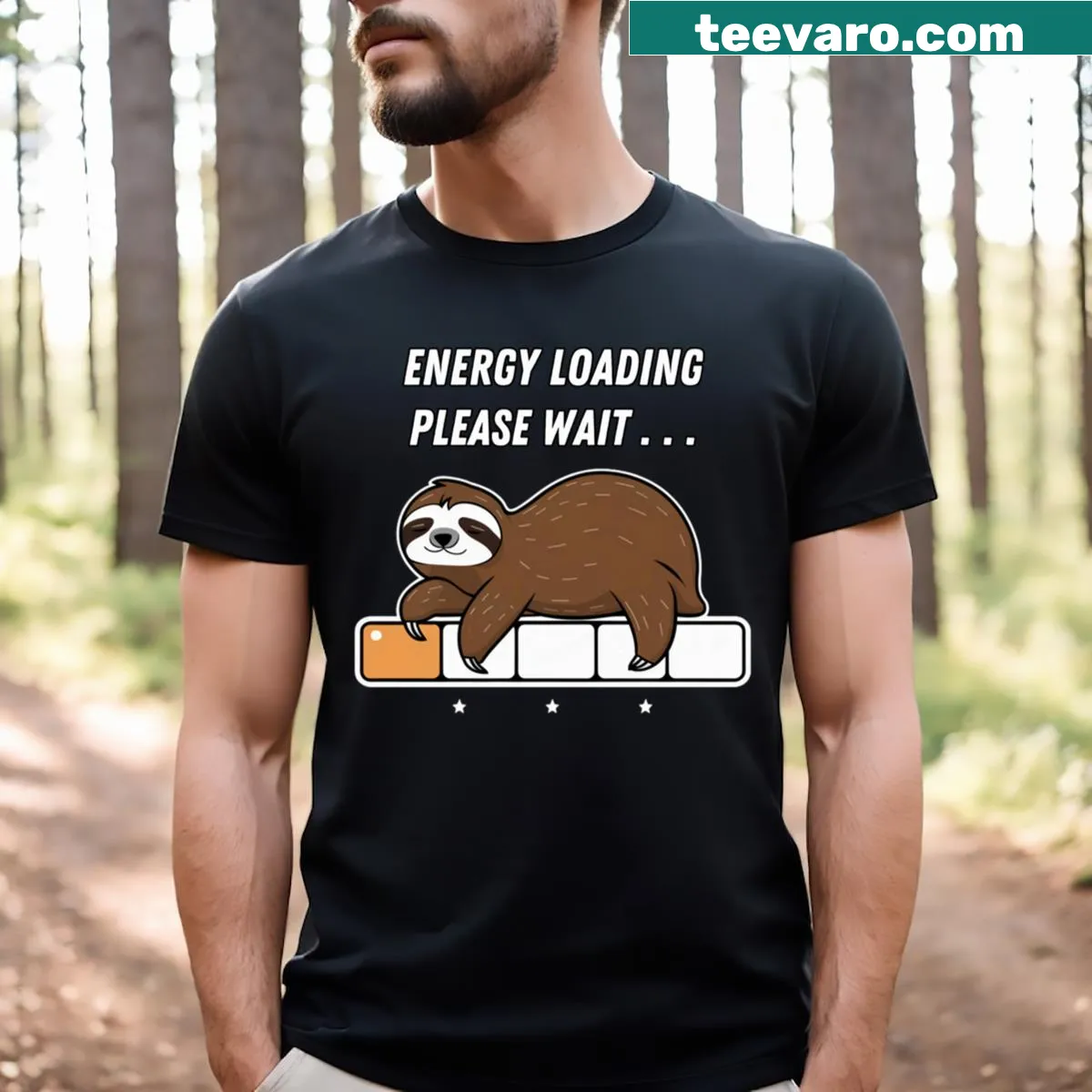 Cartoon sloth design with 'energy loading' phrase on a comfortable tee — on a men's t-shirt