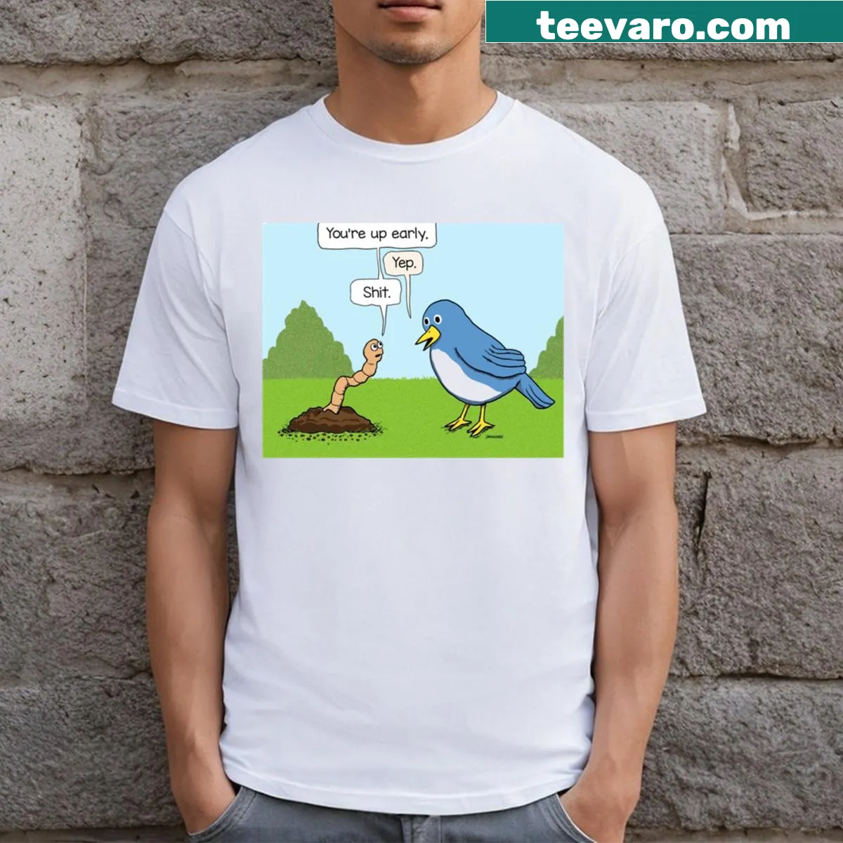 Cartoon illustration of a cute worm named Ettie — on a men's t-shirt