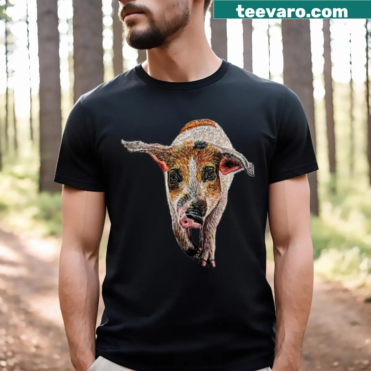Illustration of Fia the rescued pig on a T-shirt. — on a men's t-shirt
