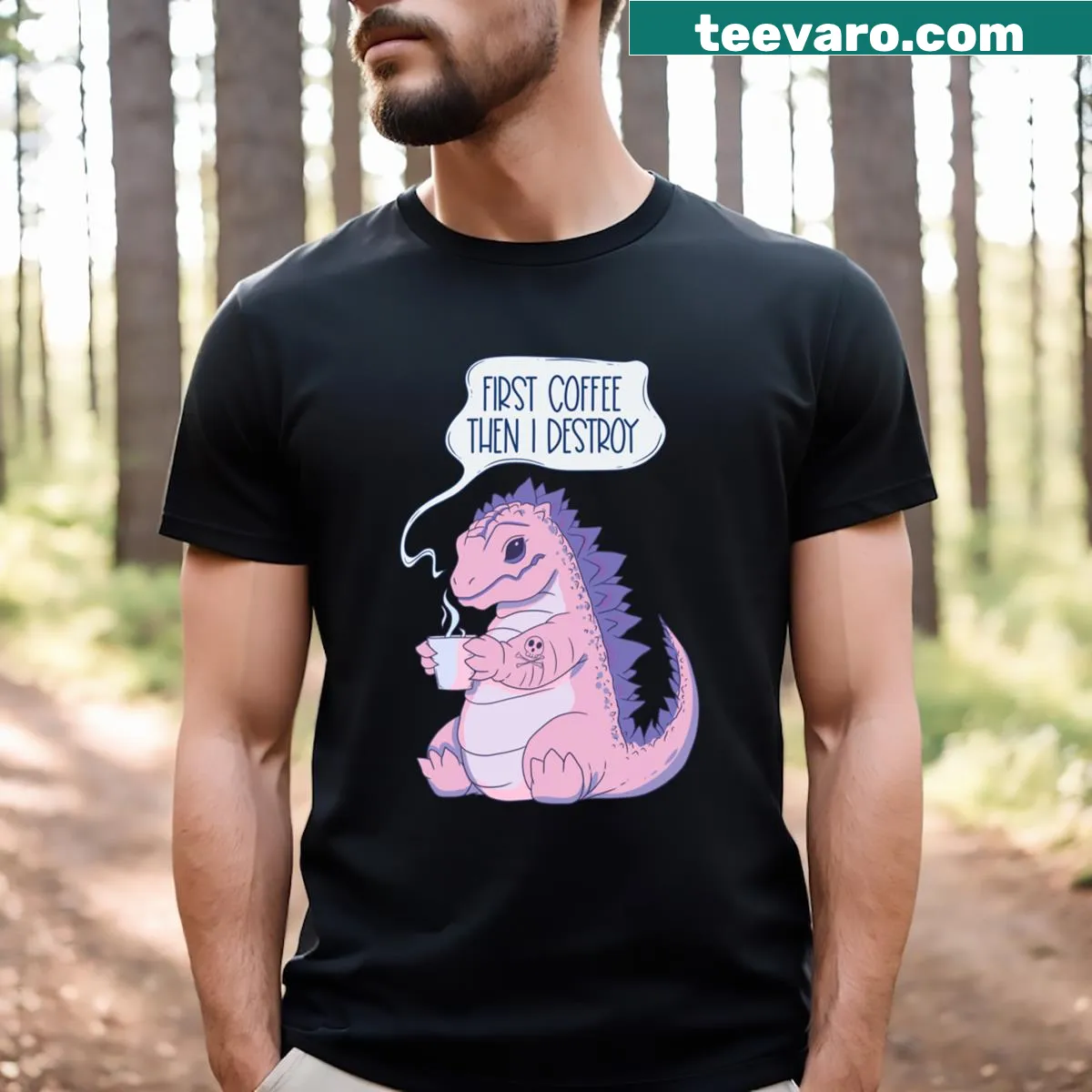 Sarcastic T-shirt with the phrase 'First Coffee Then I Destroy' in typography design. — on a men's t-shirt