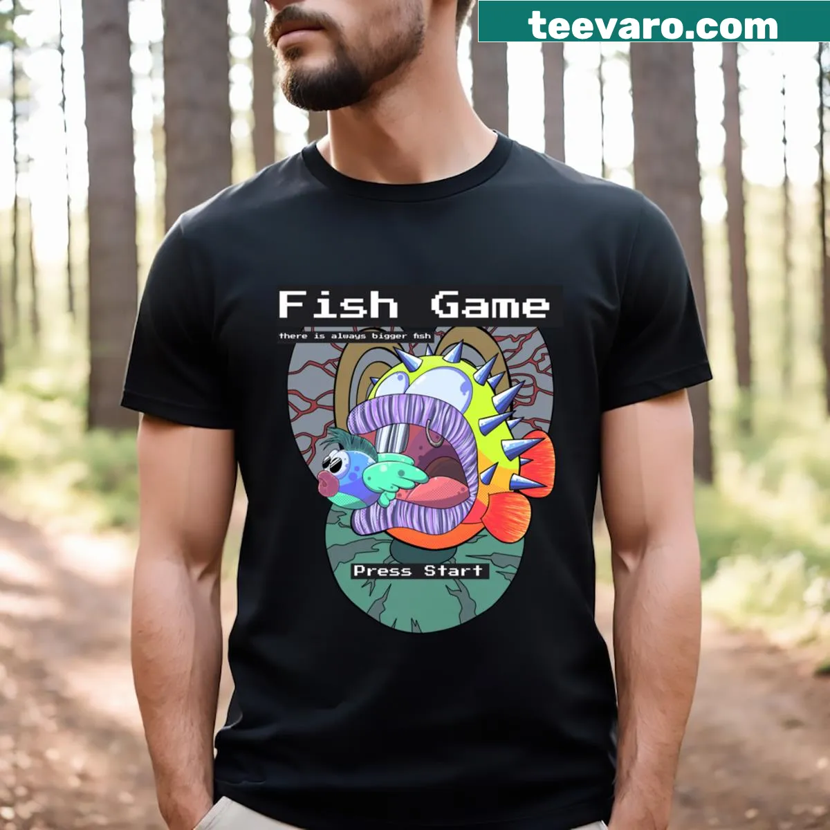 Playful t-shirt featuring fish graphics for gaming and nature lovers — on a men's t-shirt